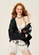 Loose Fit Moto-Style Faux Leather Jacket